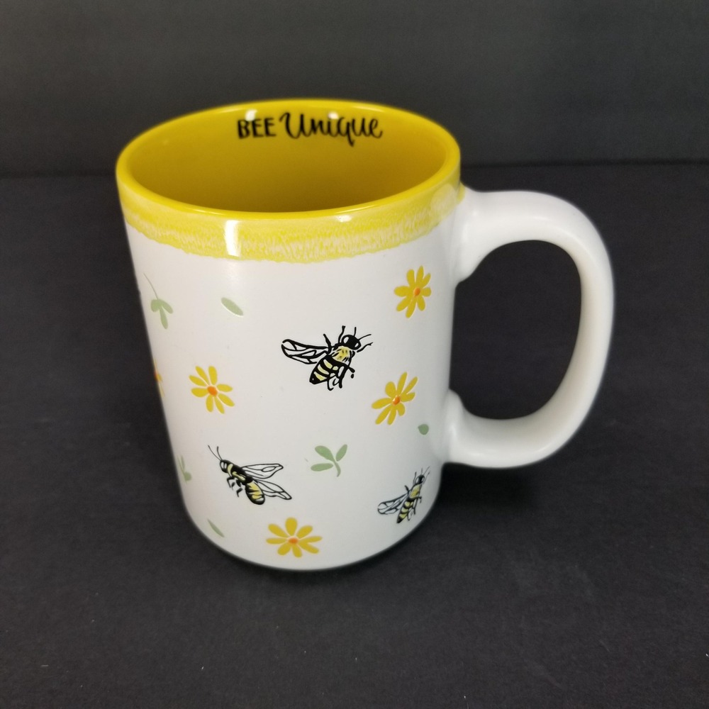 Spectrum Designz Bee Unique Ceramic Coffee Mug White Yellow Floral 18oz Dopamine